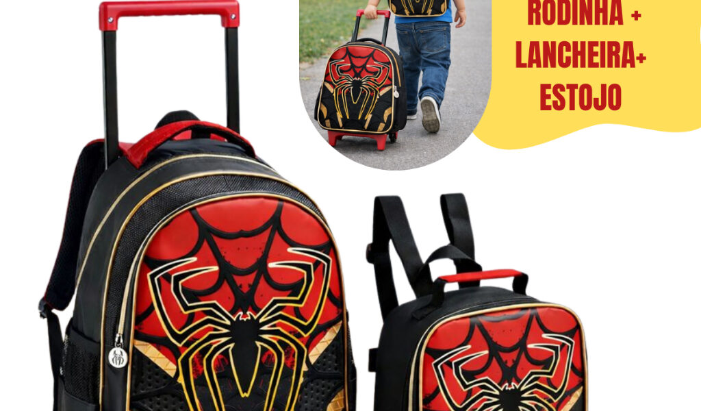 MOCHILA HOMEM ARANHA DE RODINHA KIT COMPLETO BOLSA ESTOJO E LANCHEIA TERMICA SPIDER MAN DE RODINHA GRANDE 41CM MENINO