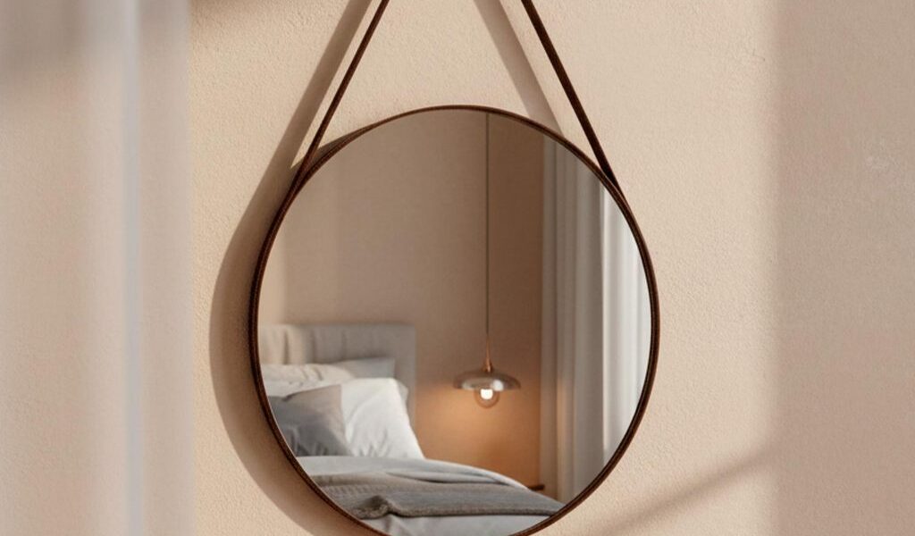 Espelho Redondo Alça Couro 60cm Suporte De Fixação para Banheiro Sala Quarto Lavabo Minimalista