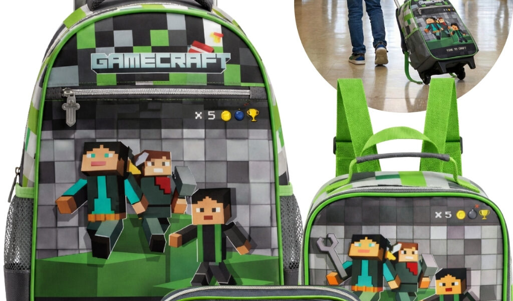 Kit Mochila De Rodinhas Lancheira Estojo Infantil Gamecraft Bolsa Escolar Minecraft Zíper Reforçado