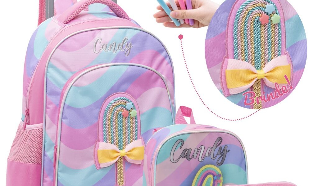 Mochila Sorvetinho de Rodinha Lancheira Térmica Estojo Picolé Candy Tons Pastel Feminina Infantil