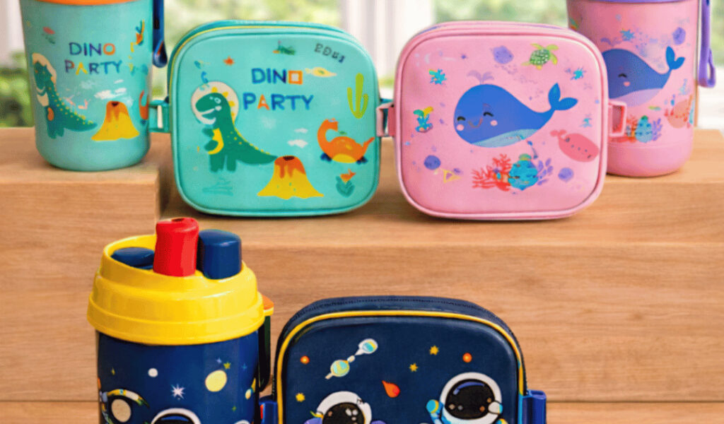 Kit Lancheira Marmita Infantil com Garrafa e Talheres Organização 4 Peças