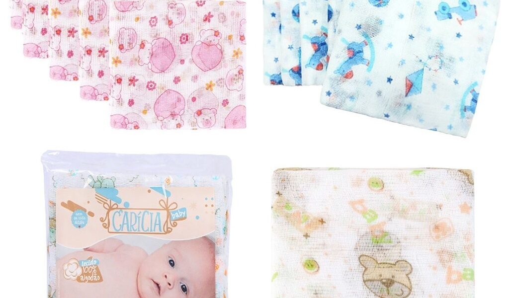 Fralda de Pano Bebe Kit com 5 Unidades 60x60cm 100% algodão Minasrey - Estampada