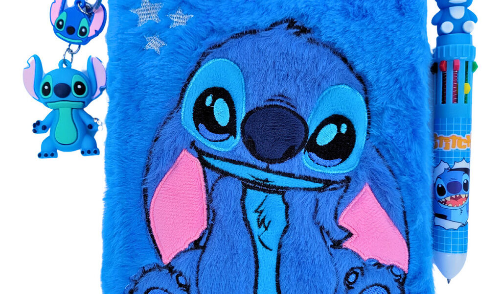 Kit Caderno Pelúcia Stitch Caneta 10 Cores E Chaveiro Promo
