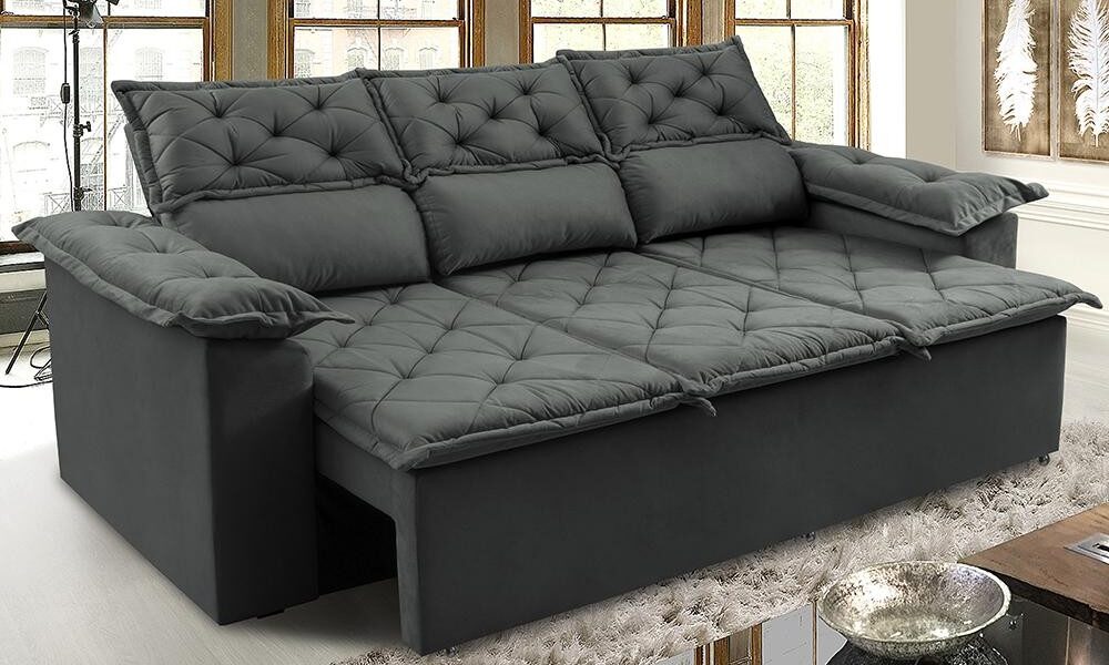 Sofá 3 Lugares Retrátil e Reclinável Cama inBox Compact 2,00m Velusoft Cinza