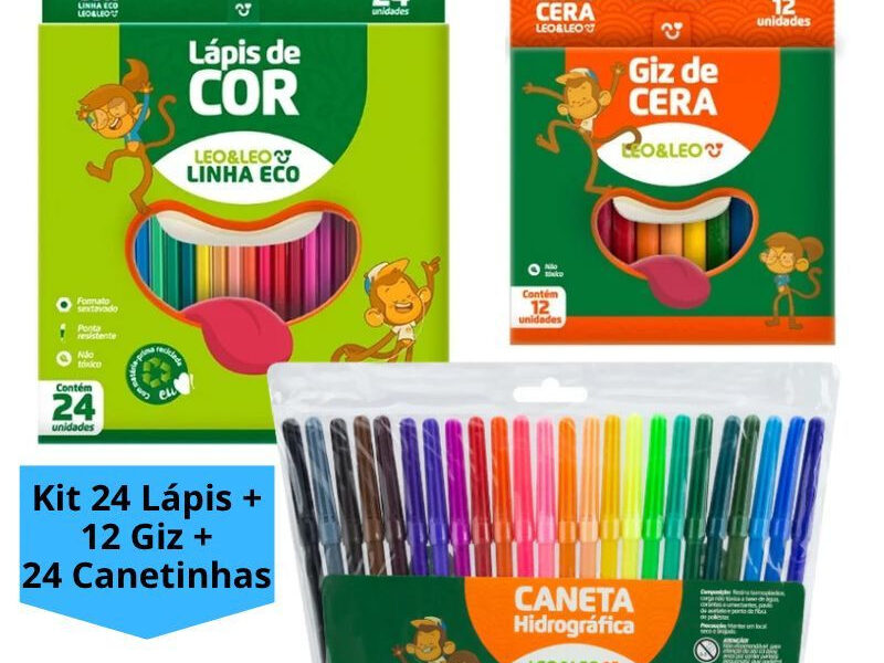kit Lápis de Cor 24 Cores + Canetinha + Giz 12 Cores - Caneta Hidrográfica 24 cores Simples Infantil Escolar Leo&Leo