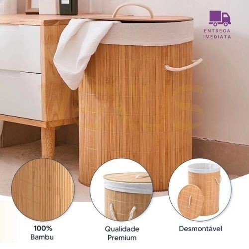 Kit Cesto De Roupas Bambu Natural Com Tampa Dobravel E Desing Sofisticado