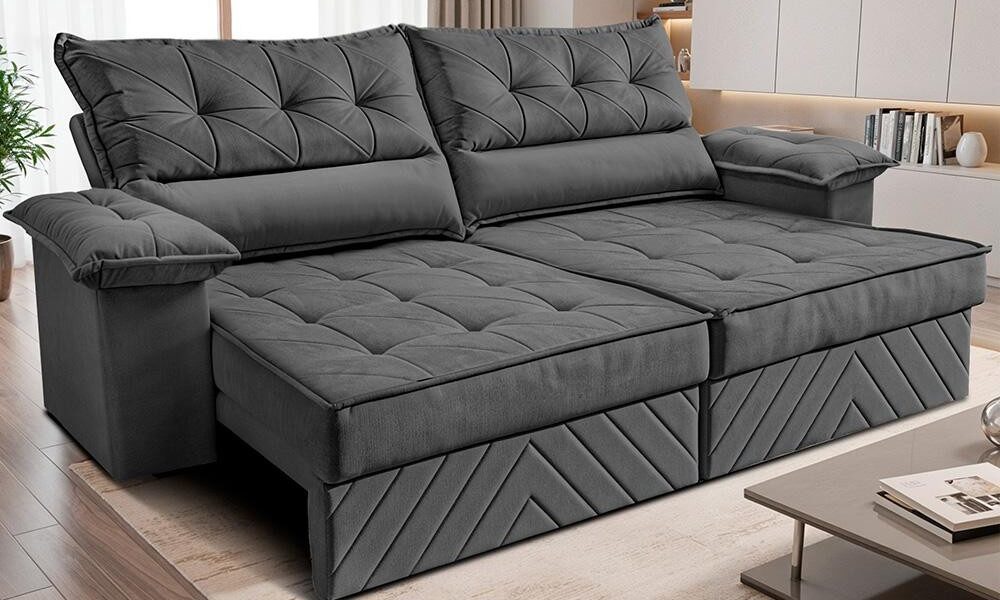 Sofá Retrátil e Reclinável 2,40m com Molas e Espuma D33 Thunder Velusoft Cinza Cama inBox