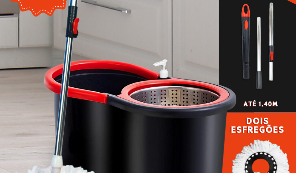 Mop Giratorio Com cabo de 140 cm Cesto Em Inox - Balde Centrífuga - C/2 Refil - Nybc