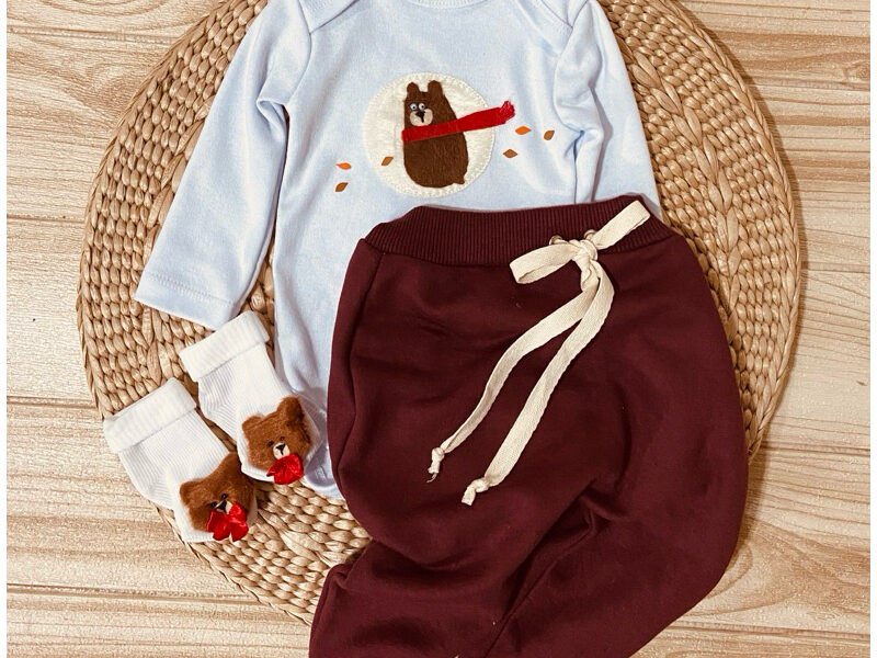 Conjunto body bebê longo urso outono BG/VM
