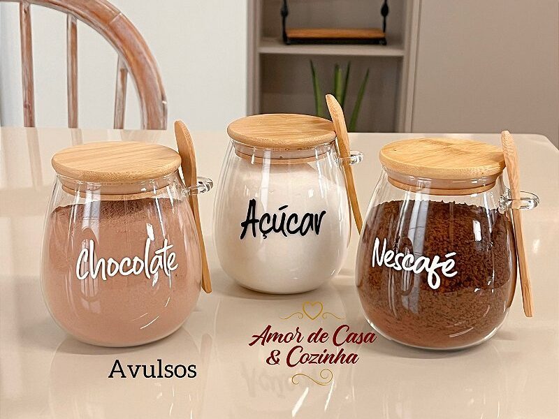 ESCOLHA A PERSONALIZAÇÃO 750ML POTE STYLE TAMPA E COLHER DE BAMBU AVULSO