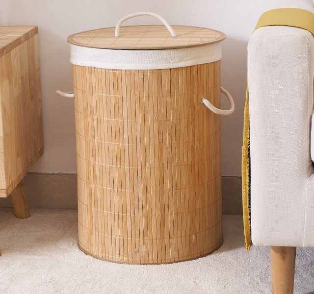 Cesto Redondo Forrado Roupas Sujas Banheiro/Lavanderia Bambu/Melhor Preço