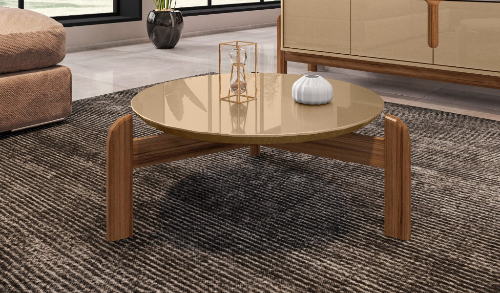 Mesa De Centro Sala Lizz Redonda Com Pés Em Madeira Maciça