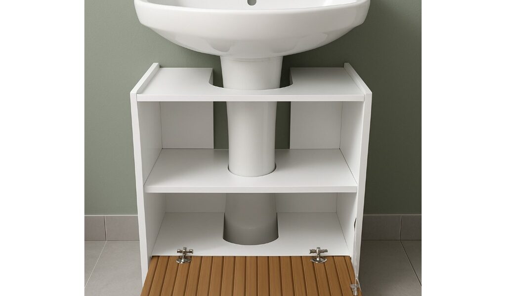 Gabinete Coluna para Pia de banheiro 1 Porta e com Prateleira Organizadora Branco Ripado