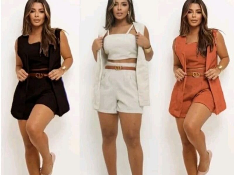 Conjunto feminino 3 peças Linho colete+cropedd+short.Vários tamanhos.Preto,Cru,Terracota e Menta.