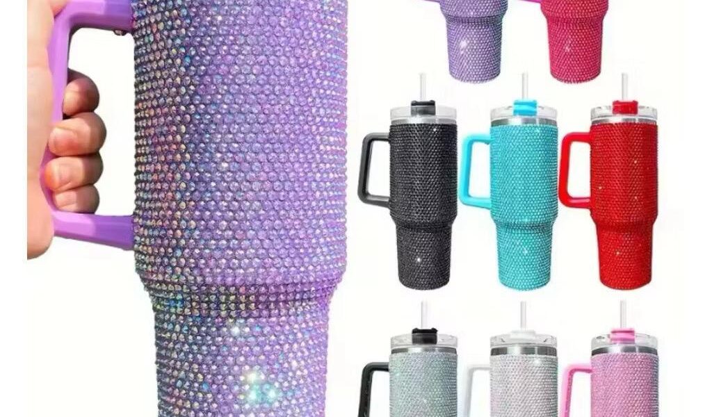 Novidade! Térmico 1200ml Copo Com Strass Brilhante Com Alça Tampa E Canudo de Plastico ou metal