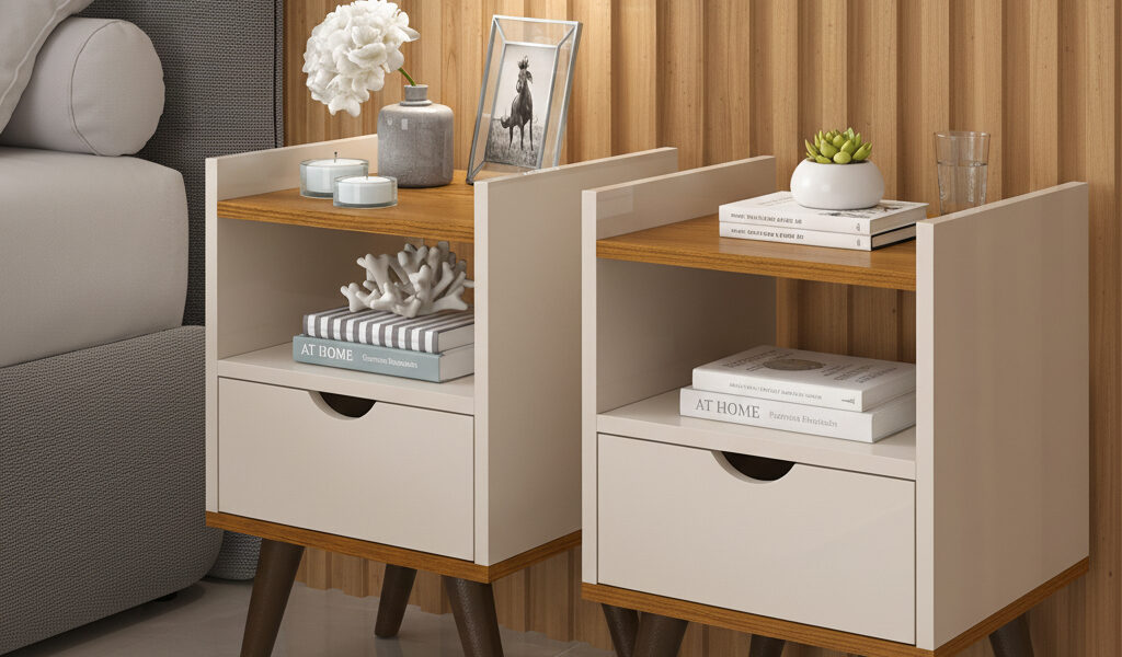 2 UN OU 1 UN Mesa de Cabeceira Alice Lateral de Cama com Gaveta Pés Com Puxador Usinado e Prateleira