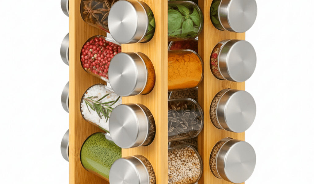 Kit 16 Porta Temperos de Bambu Giratório Potes de Vidro Organizador Condimentos Especiarias Cozinha