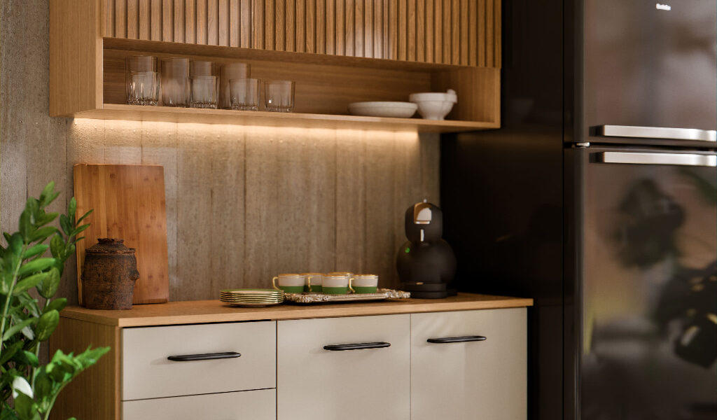 Armário de Cozinha Eliza com Balcão Aéreo 3 Gavetas Telescópicas Ripado 3D MDF MDP Moderno Compacto