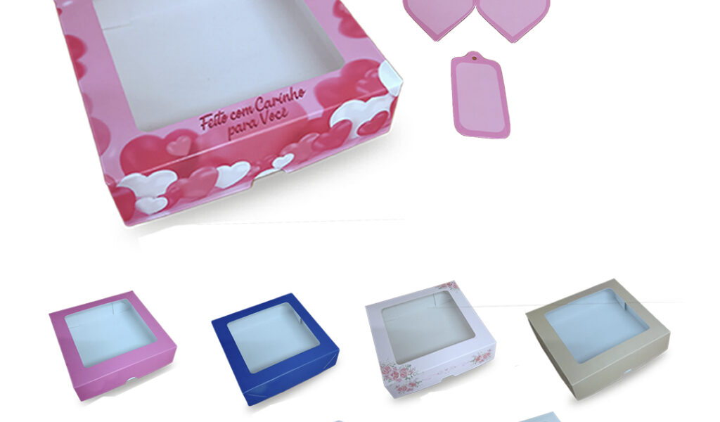 Caixa de Presente com Visor + Tags | Estampas Natal, Coração, Flores, Rosa, Azul, Branca | 15x15x4cm