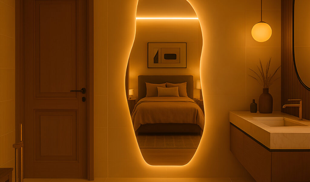 Espelho Orgânico Led 150x40cm 170x50cm Luz Branco e Luz Amarela Flame Quarto Sala Salão Loja