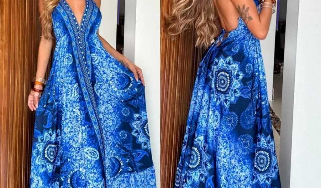 Vestido feminino INDIANO ESTAMPADO LONGO FRENTE Única e costa Nua, ELEGANTE