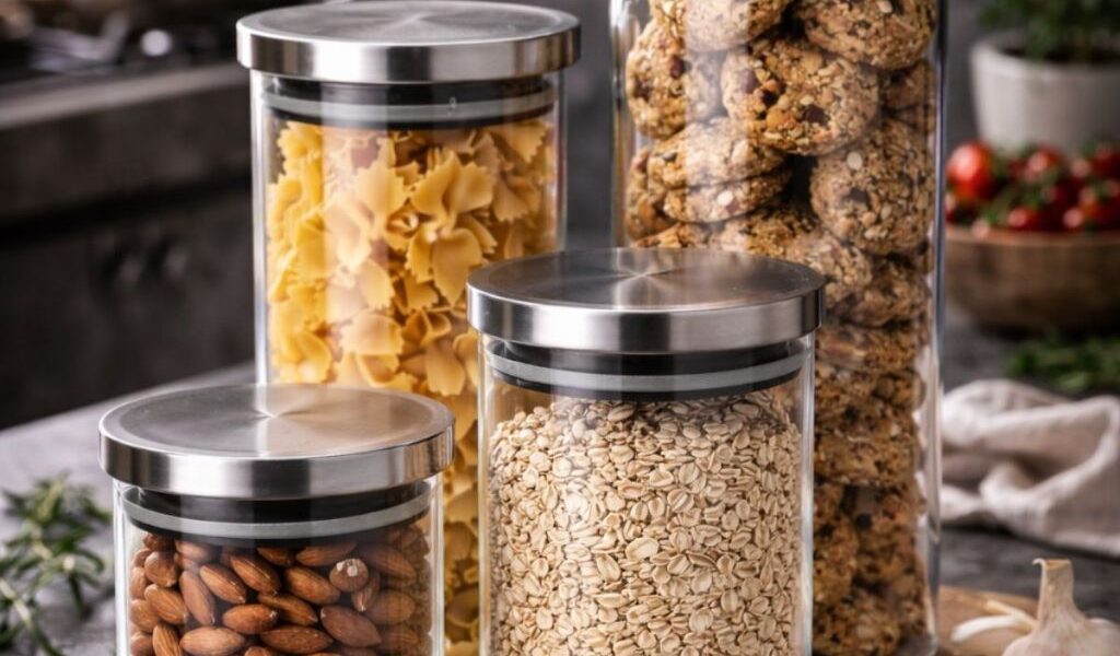 Kit 4 Potes de Vidro Com Tampa Inox Conjunto Utensílio Para Cozinha Alimentos