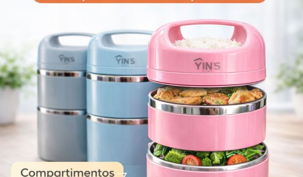 Lancheira Vertical Inox 1080ml 3 Compartimentos Linha Premium - Marmita Portátil com Tampa e Alça