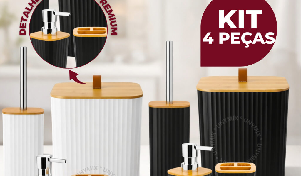 Kit Banheiro Quadrado em Bambu com Lixeira Luxo e Puxador de Couro
