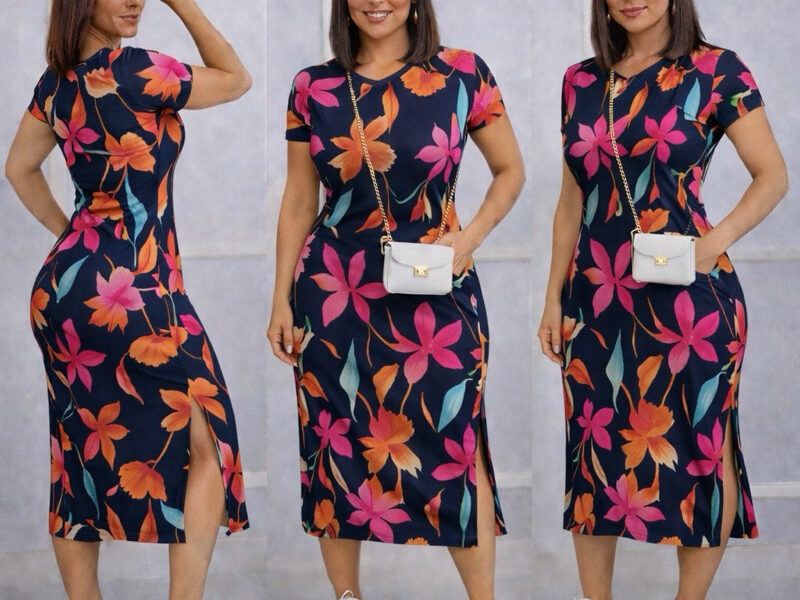 Vestido MIDI casual fenda lateral e bolso charme e elegancia em uma só peça