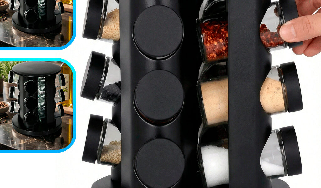 Porta Temperos Giratório 9 Potes Vidro com Tampa Dosadora Organização Cozinha Condimentos