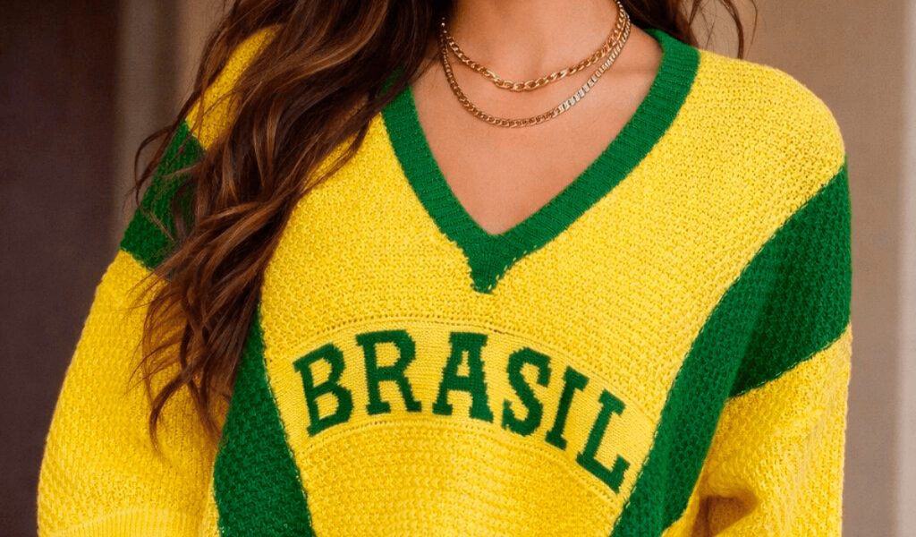 Blusa Feminina Cropped Manga 3 Quartos Brasil Copa Elegante Casual Tricot Básico