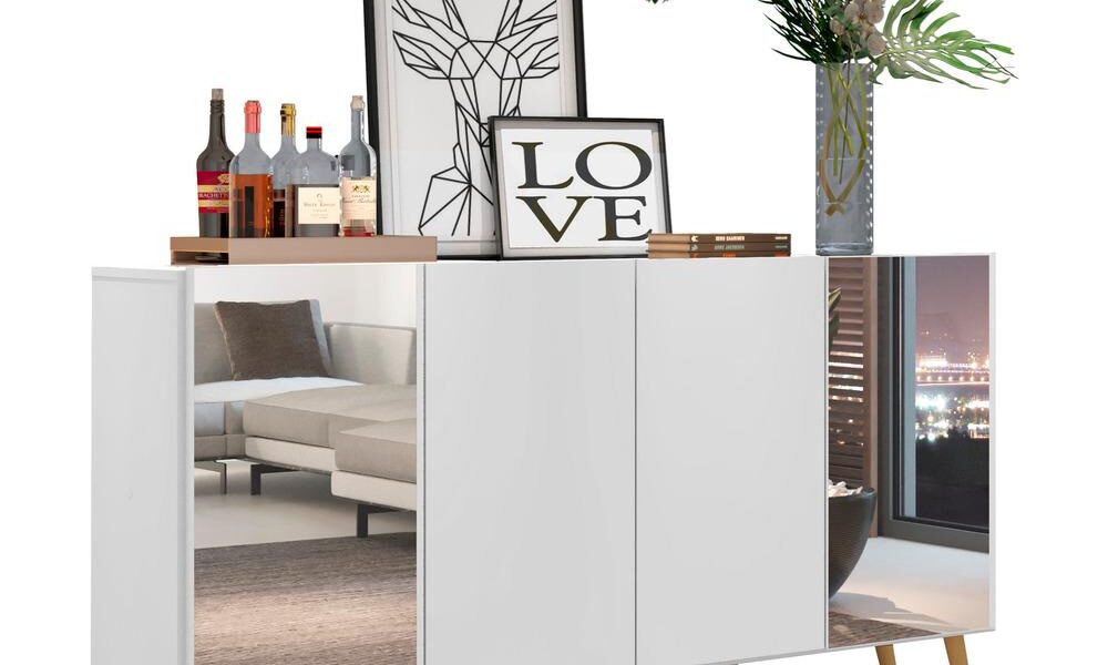 Aparador Buffet Retrô com Espelho Multimóveis Vegas FG3562 Branco/Natural