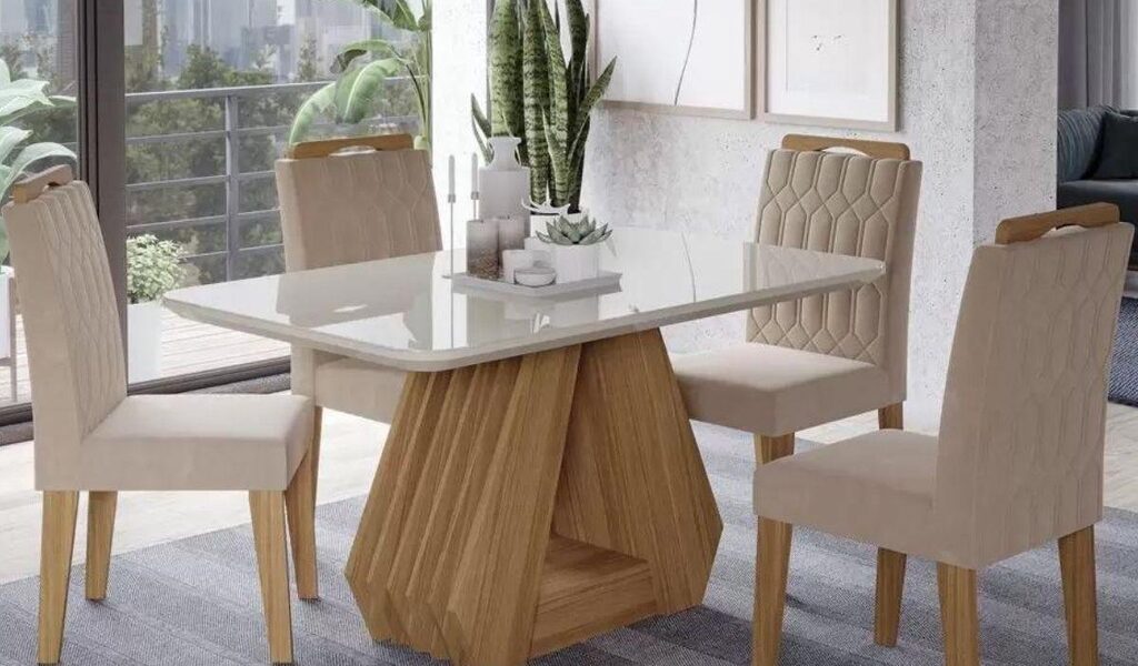 Conjunto Sala Jantar Retangular Ágata 130x80 Tampo MDF/Vidro 4 cadeiras Cimol Nature/Off White/Nude