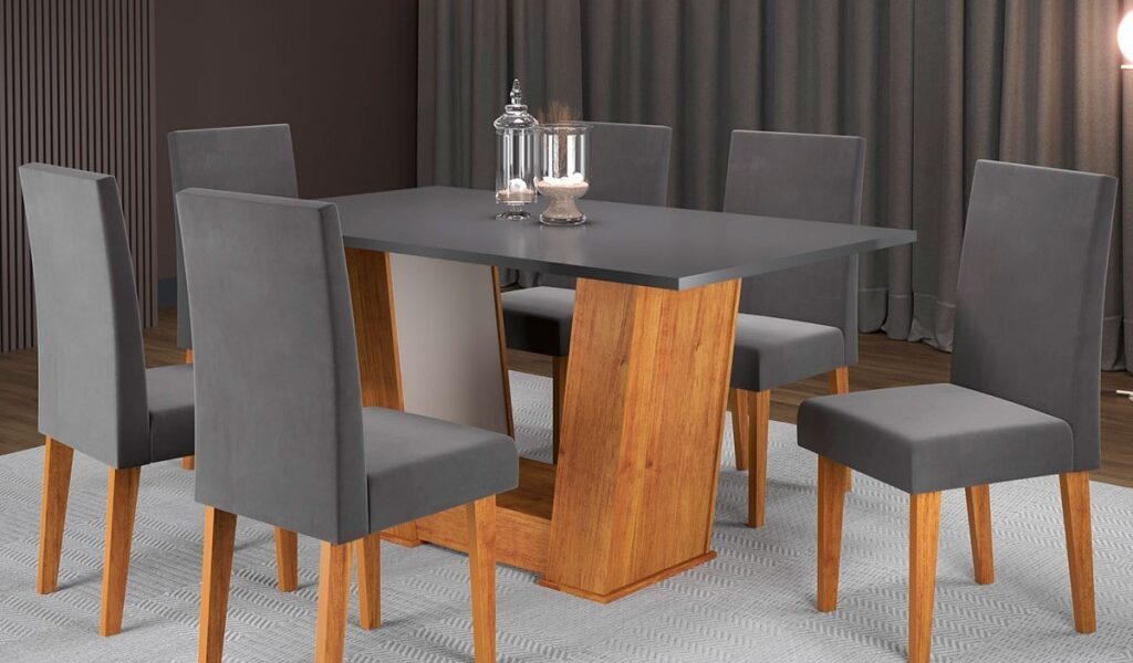 Mesa de Jantar 6 Lugares Floripa Mel/Cinza/Veludo Grafite - Viero Móveis