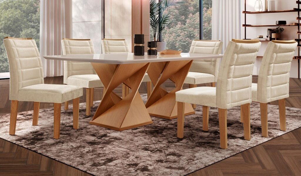 Mesa de Jantar 6 Lugares Genova com Vidro Cinamomo/Off White/Bege - Cel Móveis