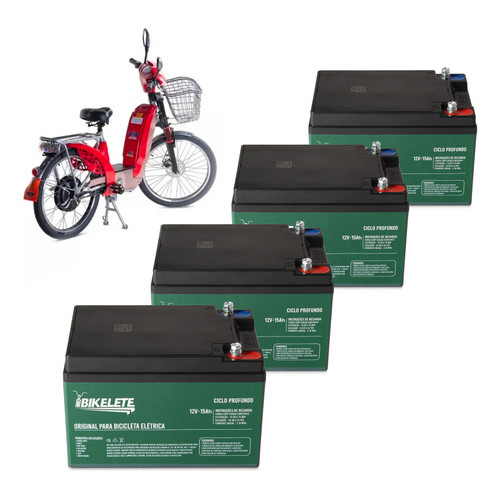 Kit 4 Bateria Bikelete 12v 15ah Ciclo Profundo Bike Elétrica