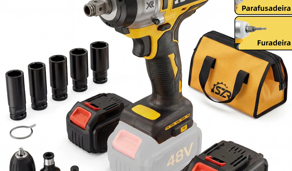 Parafusadeira Furadeira e Chave De Impacto 48v 02 Baterias Sem Fio Soquetes com Maleta Profissional