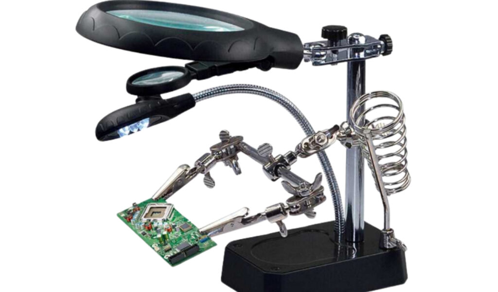 Lupa De Bancada Mesa Aumento 10x Com Suporte 5 Leds 3 Lentes Garras De Solda