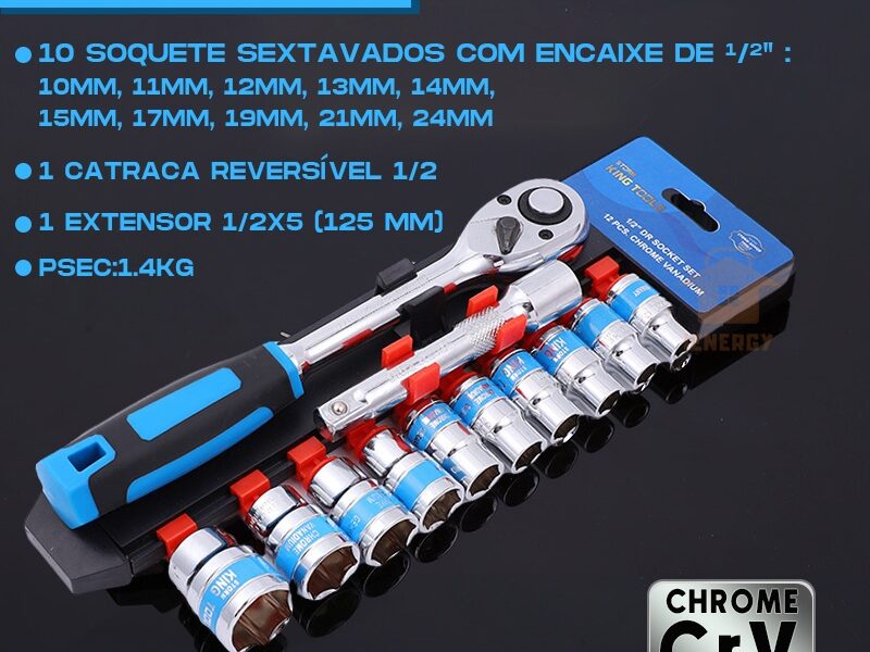 Jogo De Soquete Sextavado 1/2 Catraca 12 Peças 10 a 24mm com Extensão