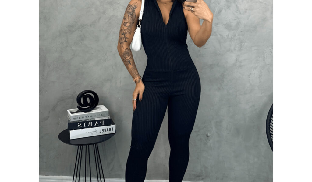 Macacão Feminino Regata Com Zíper Justo Canelado 3D TENDENCIAS PREMIUM