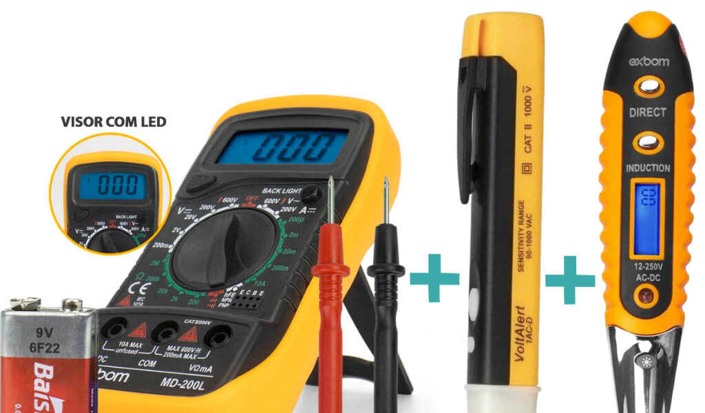 Kit 3 em 1 Caneta Detectora tensão + Chave Teste de Voltagem Corrente + Multímetro Profissional