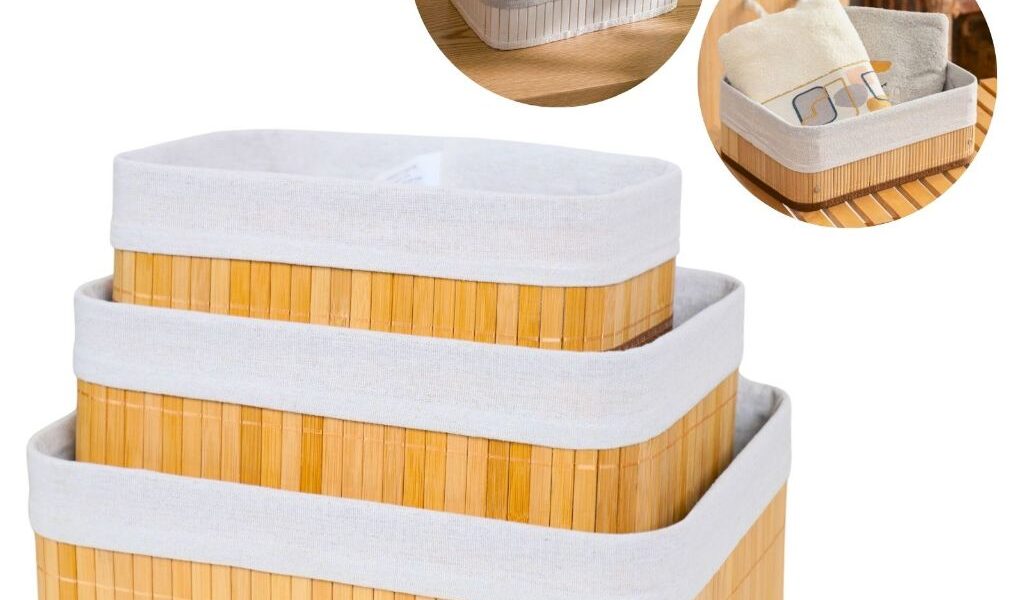Kit 3 Cestos Organizadores de Bambu Multiuso com Forro