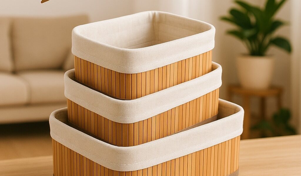 Cestos de Bambu Retangular Organizadores Multiuso com Forro Banheiro Lavanderia Decoração Cosmeticos Pequeno Grande