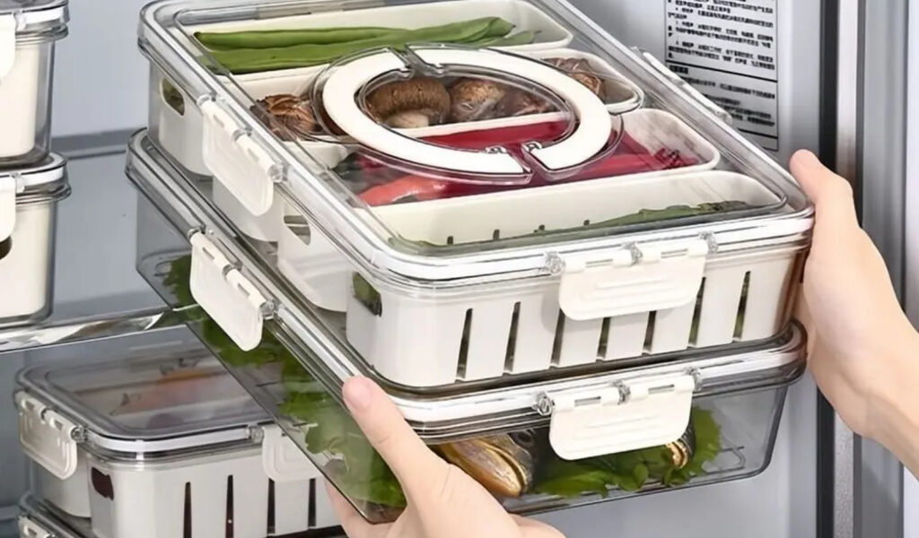 Organizador de Geladeira Caixa Multiuso para Temperos e Especiarias Divisórias Removíveis com Tampa