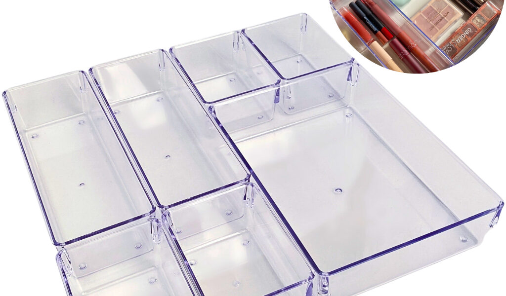 Kit 7 Organizadores Multiuso para Gavetas Armários Geladeiras Pote Acrílico Cristal e Fumê Plastutti