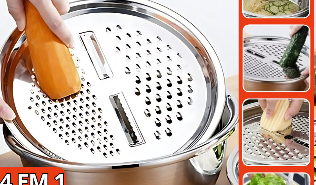Tigela Inox 4 Em 1 Ralador Fatiador Bacia Legumes Queijo Manual 26cm Cozinha Prática Tampa Ralador