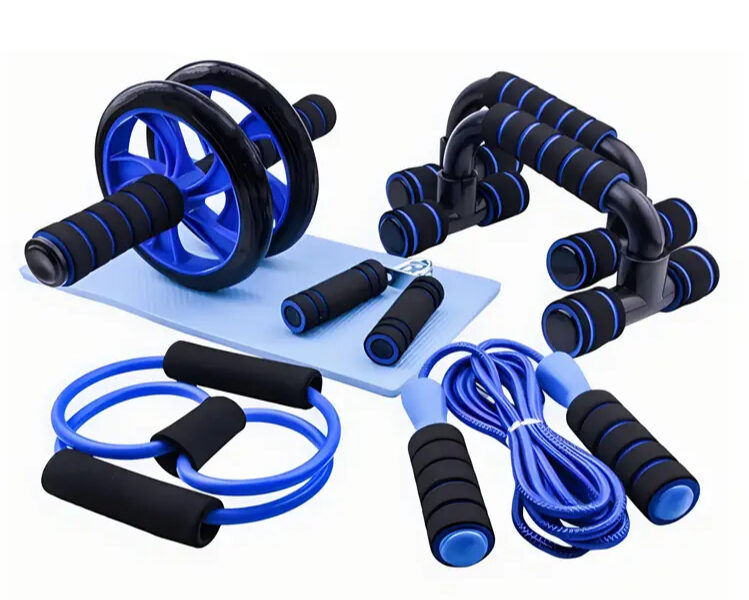 Kit Fitness 6 em 1 Roda Abdominal Flexão Corda Elástico Hand Grip Tapete Treino em Casa