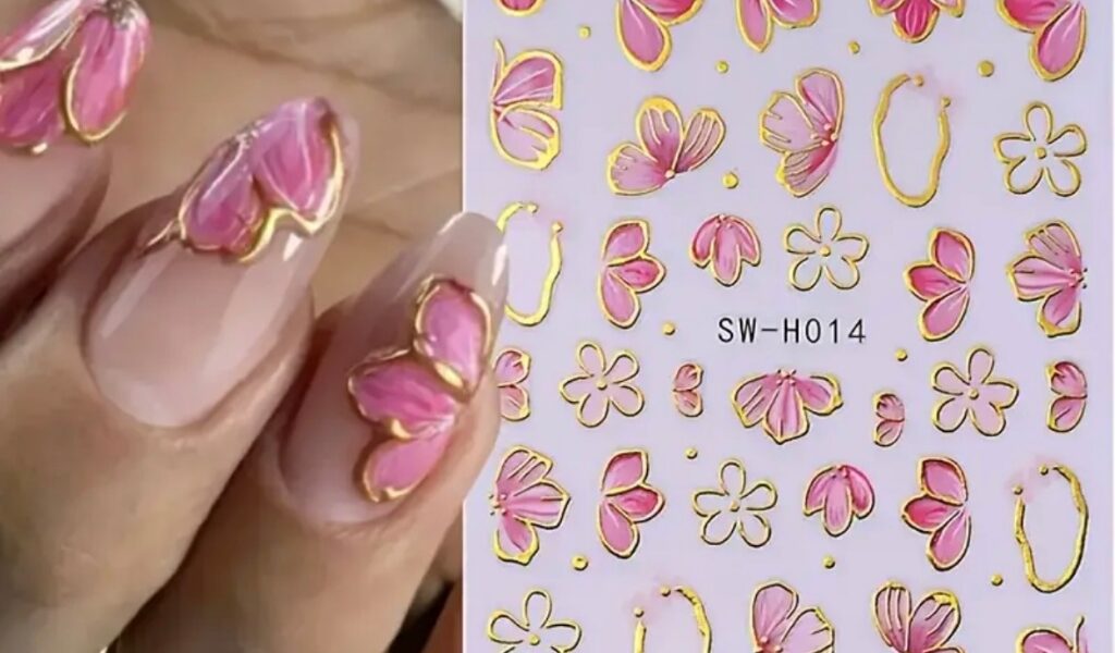 Uma Cartela De Adesivos de Unhas Flores Rosas com Detalhes Dourados | Nail Art Autocolante Y2K - ENVIO RÁPIDO