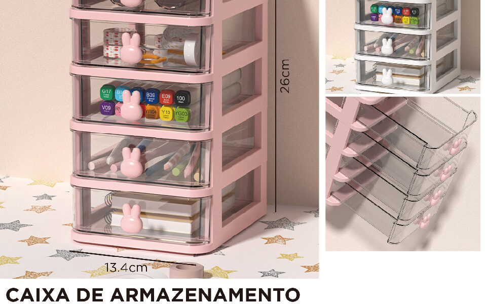 Organizador de Mesa com 4 ou 5 Gavetas Porta Treco Caneta Maquiagem Escritório Multiuso