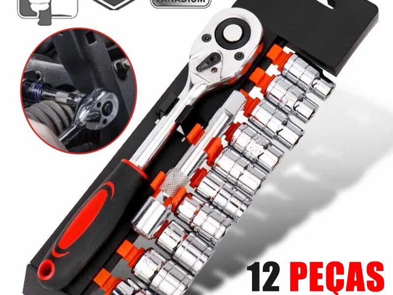 Jogo De Soquete 8 A 24MM Com 1/2" Chave Catraca 12 Peças CRV Reversivel